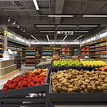 Supermarket Grocery Interior With Fresh Fruits Vegetables Shelves And Checkout Counter