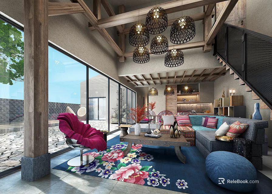 Hotel Lobby Interior With Wooden Ceiling Decorative Pendant Lights Floral Rug And Cozy Seating Area 3d model 