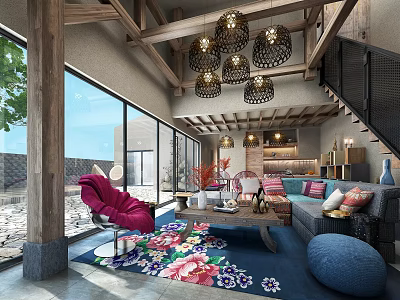 Hotel Lobby Interior With Wooden Ceiling Decorative Pendant Lights Floral Rug And Cozy Seating Area 3d model