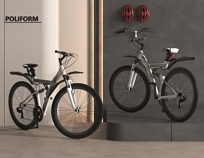 POLIFORM Modern Indoor Display Two Parked Bicycles With Red Helmets On Wall 3d model