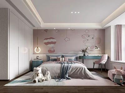 Kids Room With Pink Wall Unicorn Hot Air Balloon Stars Bed Desk Chair Stuffed Toys 3d model