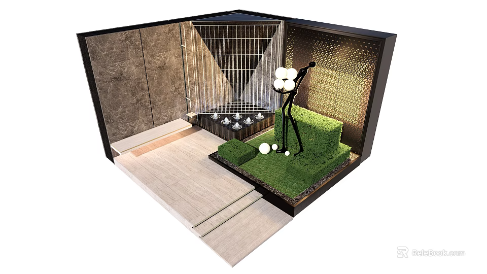 Modern Feature Wall Design With Wooden Panels Metal Mesh Greenery And Lighting 3d model 