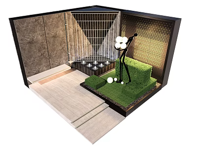 Modern Feature Wall Design With Wooden Panels Metal Mesh Greenery And Lighting 3d model