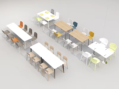 Various Dining Table And Chair Combinations With Colorful Chairs Wooden Tops And Metal Legs 3d model