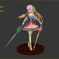 Game Movie Character Pink Long Hair White Brown Dress Golden Staffs Standing On Brown Base