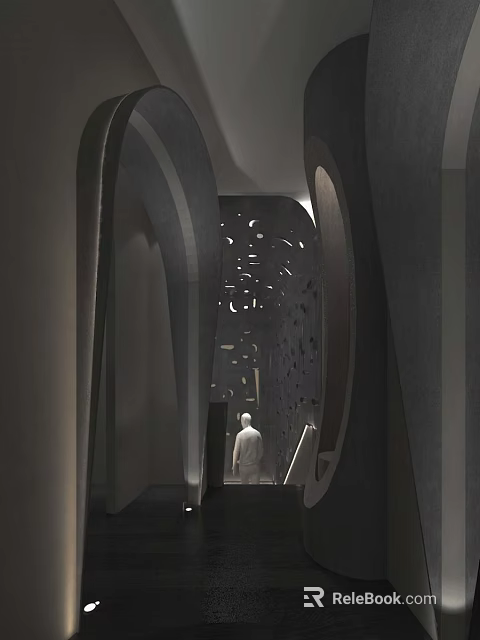 Modern Bar Interior With Arched Design Hollow-out Wall And Warm Lighting Ambiance 3d model 