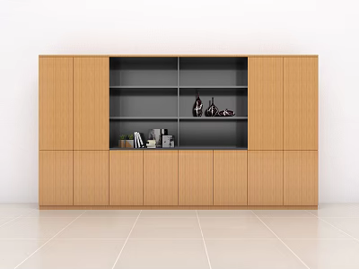 Modern Wooden Bookcase With Cabinet Doors And Open Shelves Holding Decorative Items And Books 3d model