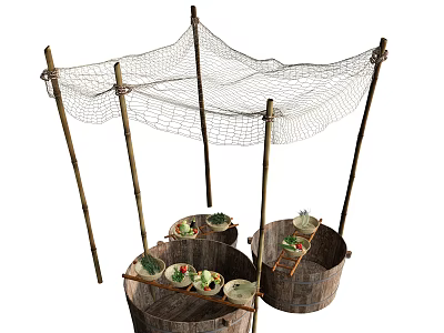 Fruits Vegetables Leek Scallion Eggplant Pepper Tomato Fishing Net Bamboo Pole 3d model