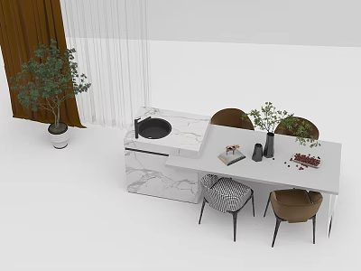 White Marble Dining Table Set With Brown Chairs Striped Chair Plants And Decorative Items 3d model