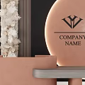 Pink Modern Reception Desk With Circular Company Logo And Decorative Elements 3d model
