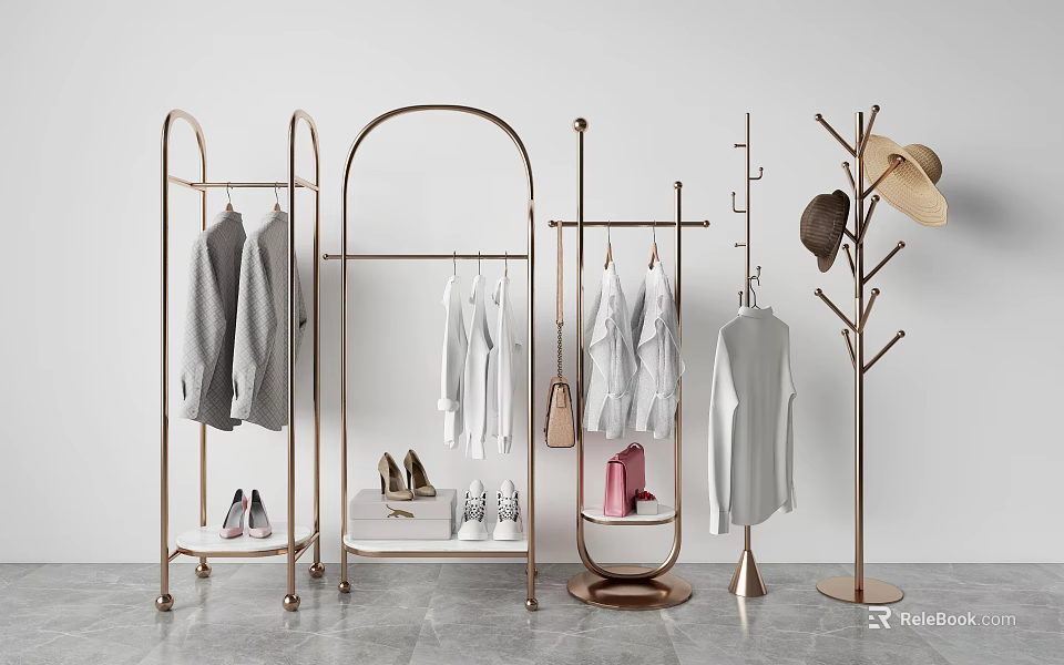 Modern Stylish Clothes Racks With Hanging Clothes Hats And Shoes Design 3d model 