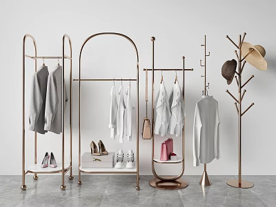 Modern Stylish Clothes Racks With Hanging Clothes Hats And Shoes Design 3d model