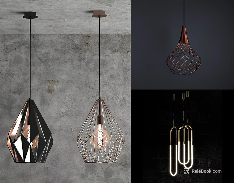 Modern Geometric Pendant Lights With Metal Frames Black Copper Finishes And Exposed Bulbs 3d model 