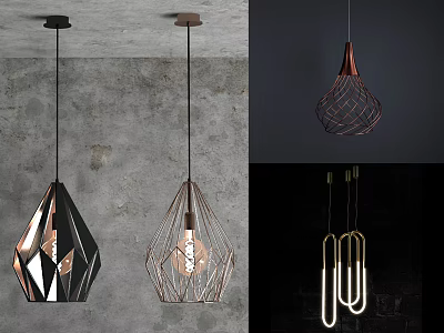 Modern Geometric Pendant Lights With Metal Frames Black Copper Finishes And Exposed Bulbs 3d model