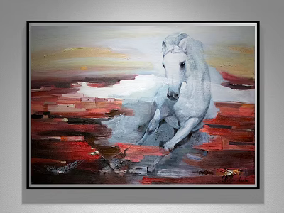 White Horse Animal Painting With Dynamic Running Pose And Red Orange Abstract Background 3d model