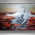 White Horse Animal Painting With Dynamic Running Pose And Red Orange Abstract Background
