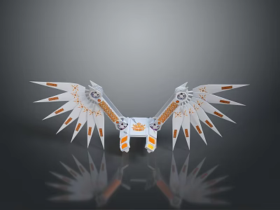 Character's White And Orange Mechanical Wings With Spiked Structures And Reflection 3d model