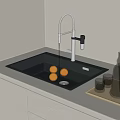 Stainless Steel Kitchen Sink With Faucet Running Water Oranges And Glasses On Countertop