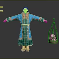 Traditional Ornate Blue Green Robed Character With Hanging Basket Holding Small Creature
