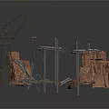 Construction Scene With Crane Rock Formation Bridge Structure Metal Frames And Debris