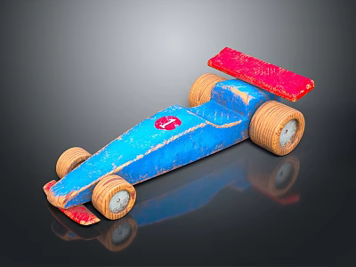 Handmade Blue Toy Car With Red Spoiler Decorative Logo And Wheels 3d model