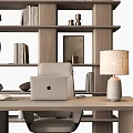 Wooden Desk and Chair Set in Home Office with Bookshelf Books Table Lamp and Vase