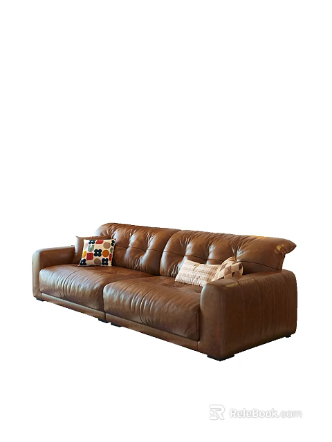 Retro Style Brown Leather Three Seater Sofa With Soft Decorative Pillows For Cozy Home Interior 3d model 