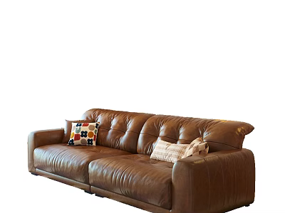 Retro Style Brown Leather Three Seater Sofa With Soft Decorative Pillows For Cozy Home Interior 3d model