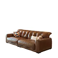 Retro Style Brown Leather Three Seater Sofa With Soft Decorative Pillows For Cozy Home Interior