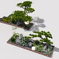 Miniature Garden Landscape Design With Trees Stones And Various Plants In Rectangular Trays 3d model