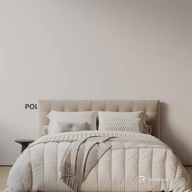 Minimalist Double Bed With Beige Headboard White Quilt Pillows Striped Blanket And Nightstand 3d model 