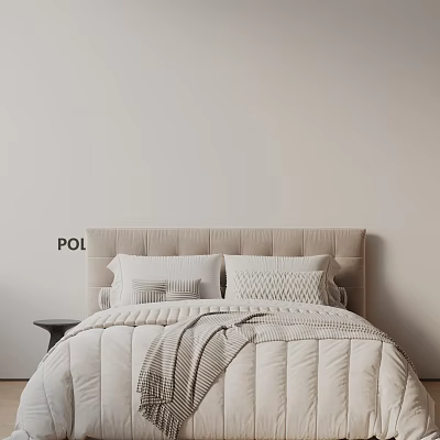 Minimalist Double Bed With Beige Headboard White Quilt Pillows Striped Blanket And Nightstand 3d model