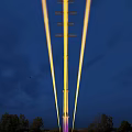 Tall Road Infrastructure Illuminated with Purple Lights Against Night Sky with Flying Bird