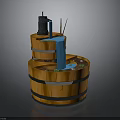 Wooden Tiered Water Fountain With Blue Flowing Stream And Metal Accents