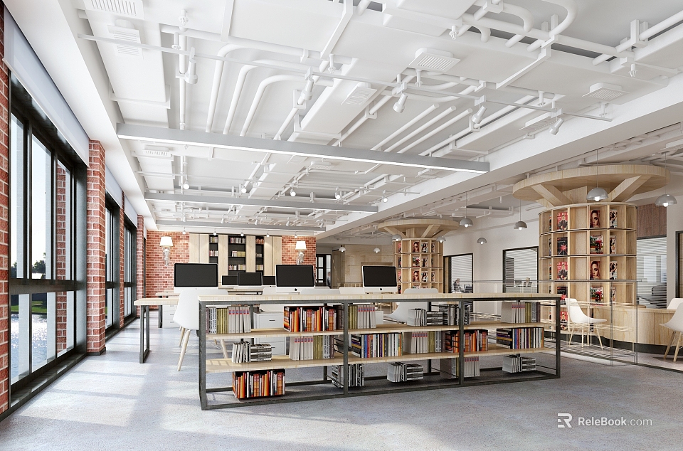 Book Art Modern Interior Featuring Open Bookshelves Bright Windows and Cozy Tables Chairs 3d model 