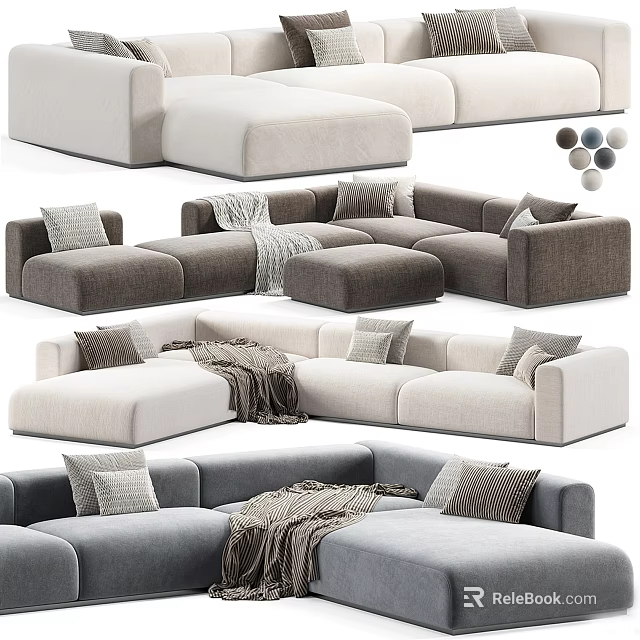 Modern Sectional Sofa In Beige And Gray With Pillows And Throw Blanket 3d model 