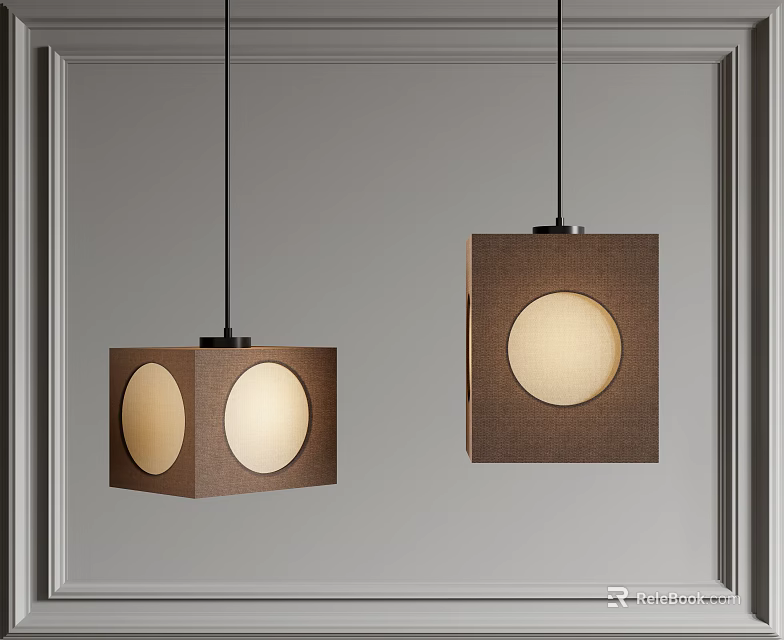 Two Brown Square Design Pendant Lights With Circular Shades On Grey Framed Wall 3d model