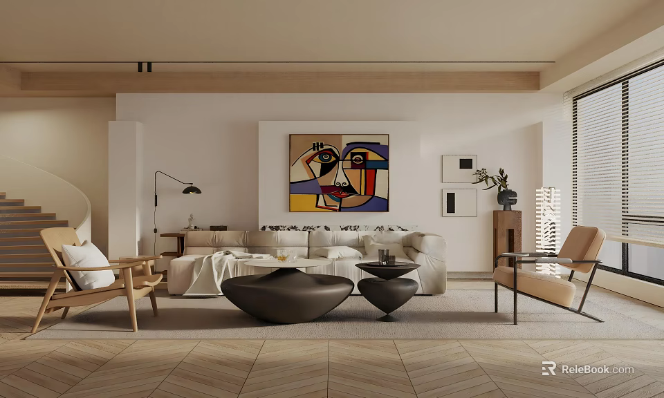 Modern Living Room Interior With Sofa Coffee Tables Wall Art Armchair And Floor Lamp 3d model 