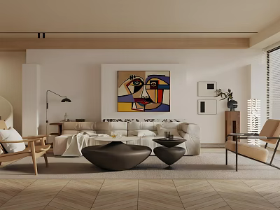 Modern Living Room Interior With Sofa Coffee Tables Wall Art Armchair And Floor Lamp 3d model