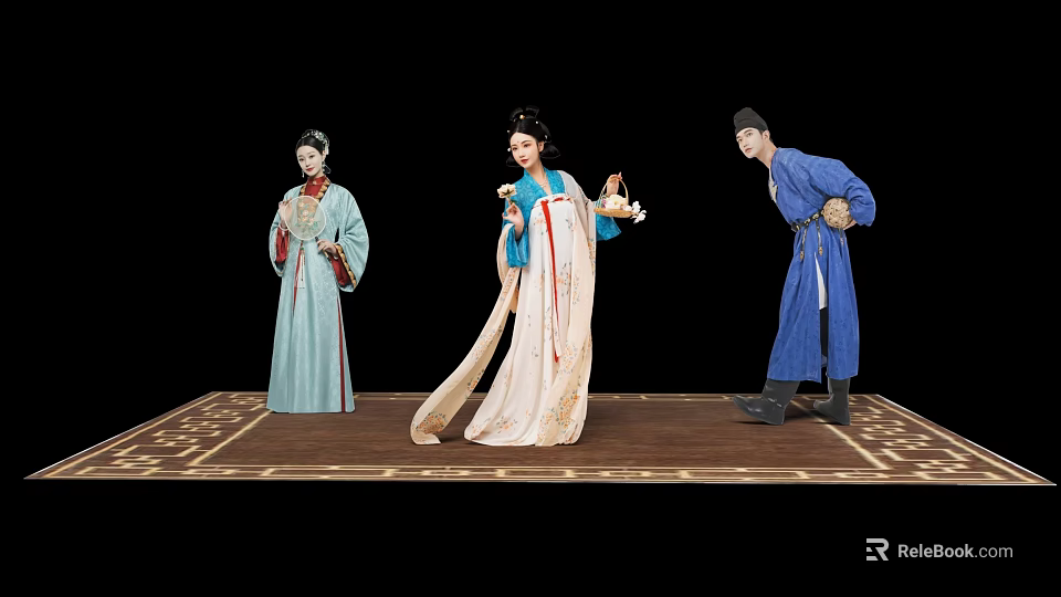 Three Ancient Chinese Figures In Traditional Costumes Performing Cultural Scene 3d model 