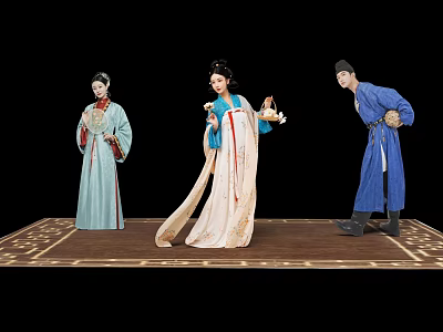 Three Ancient Chinese Figures In Traditional Costumes Performing Cultural Scene 3d model