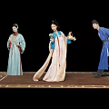 Three Ancient Chinese Figures In Traditional Costumes Performing Cultural Scene