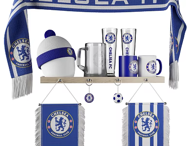 Chelsea FC Blue Themed Mugs on Wooden Shelf with Scarf Hat Banners and Football Ornaments 3d model