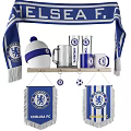 Chelsea FC Blue Themed Mugs on Wooden Shelf with Scarf Hat Banners and Football Ornaments