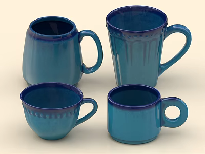 Blue Ceramic Cups With Different Styles And Glossy Surfaces 3d model
