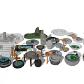 Courtyard Garden Decor With Stone Water Basins Rock Formations And Wooden Lanterns