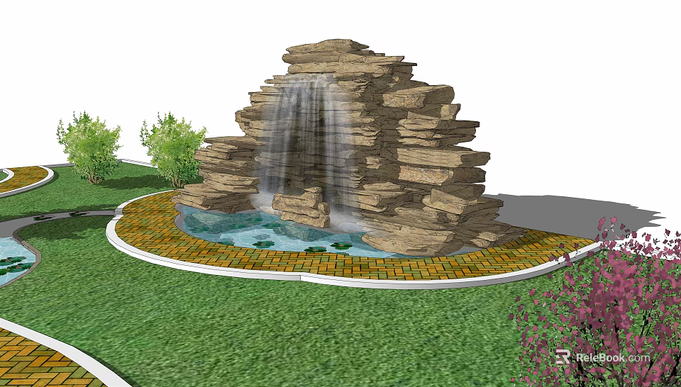 Garden Ornament Featuring Rock Waterfall With Circular Pond And Green Grass Surroundings 3d model 