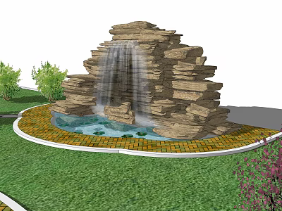 Garden Ornament Featuring Rock Waterfall With Circular Pond And Green Grass Surroundings 3d model