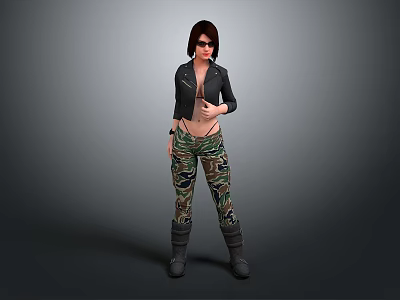 Man in Black Leather Jacket and Camouflage Pants Standing Against Grey Background 3d model
