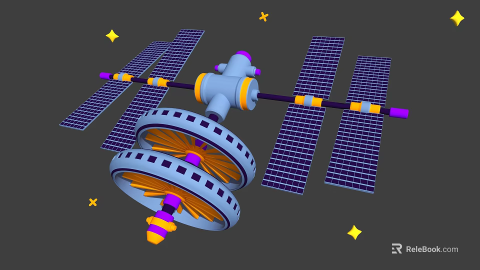 Cartoon Satellite Featuring Solar Panels Large Wheels And Stars Background 3d model 